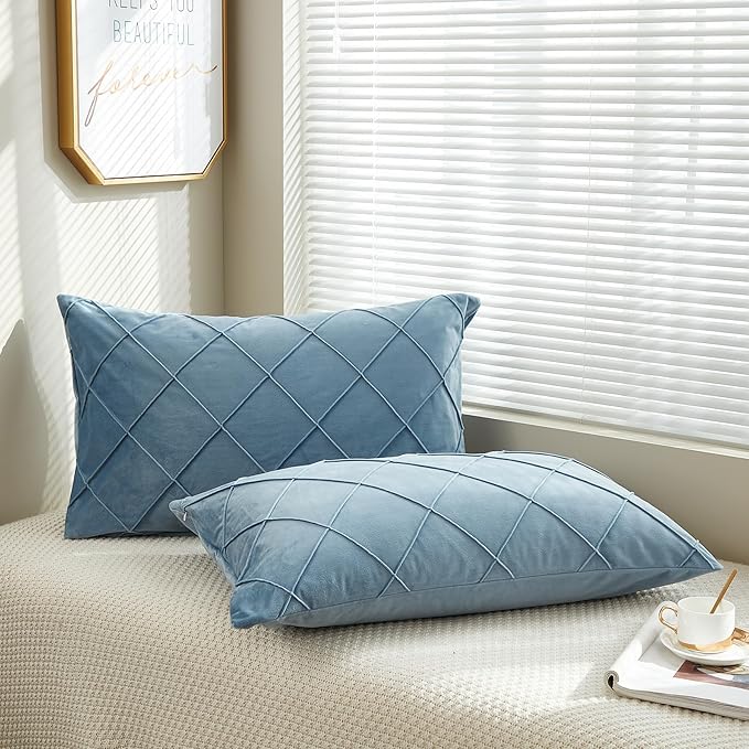 JAUXIO Diamond Pinch Pleated Crystal Velvet Pillowcases 2 Pack Solid Pintuck Throw Cushion Cover for Home Decor Hidden Zipper Closure (Dusty Blue, King)