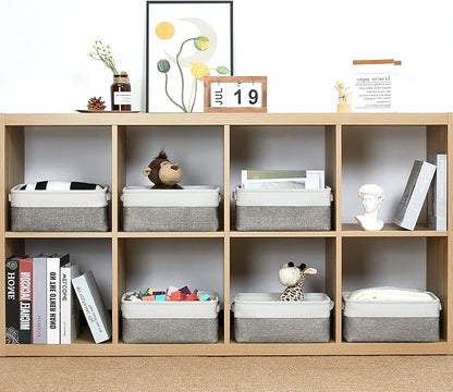 HNZIGE Small Organizer Bins for Shelf,Small Fabric Collapsible Baskets for Organizing Nursery Linen Canvas,Set of 6 Decorative Storage Basket for Storage Closet Toy(White&Gray, 11.8" x 7.8" x 5.1")