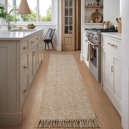 Collive Long Hallway Runner Rug 2x8, Boho Washable Runners Indoor Entryway Rugs Tan Cotton Woven Kitchen Runner Carpet, Farmhouse Low Profile Front Door Mats for Bedside Laundry Room Doorway