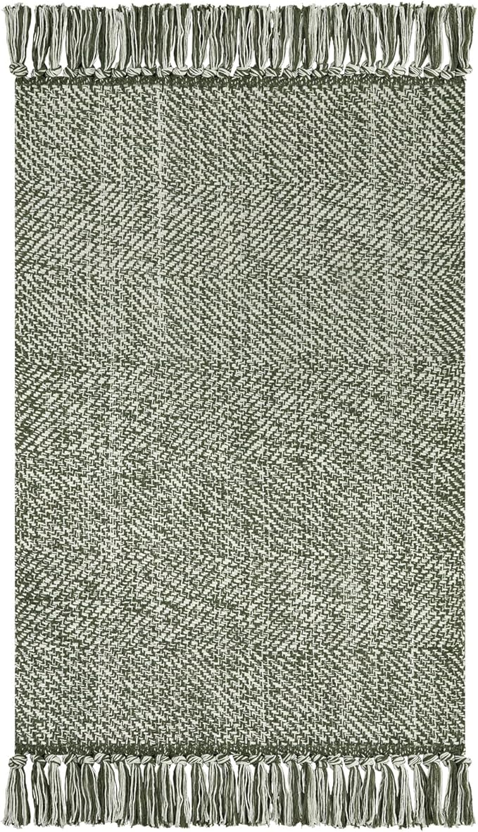 Collive Comfy Area Rug 4' x 6', Olive Green/Cream Woven Cotton Bedroom Rugs, Modern Indoor Accent Rug Floor Carpet with Tassel for Living Room, Nursery Room, Dining Room, Bedside, Office, Patio Decor