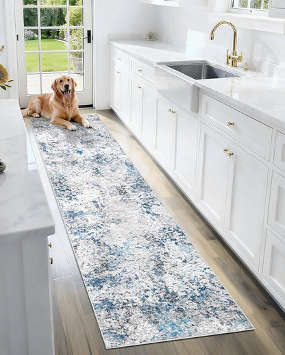 Modern Abstract Washable Runner Rugs - 2x8 Soft Long Rug Stain Resistant Non Slip Low Pile Accent Carpet for Indoor Entryway Hallway Kitchen Laundry - Grey/Blue