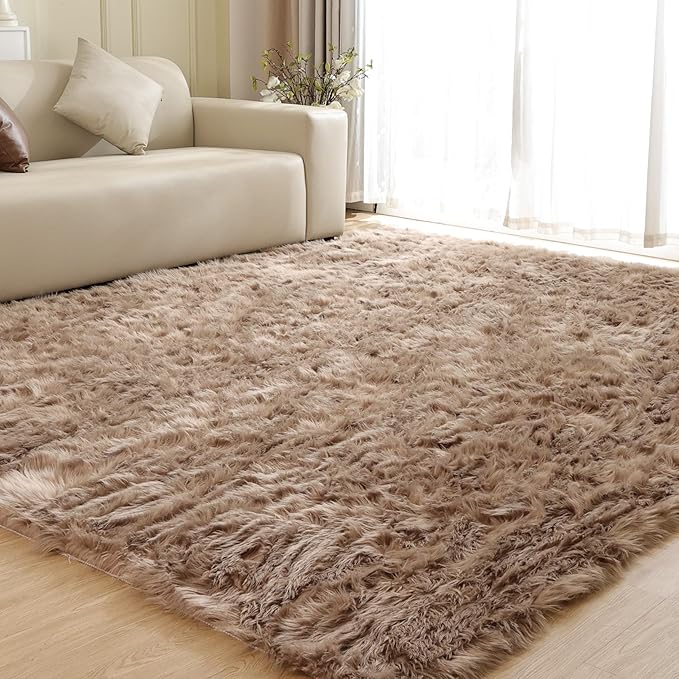 Beige Area Rugs for Living Room Bedroom Nursery 9X12 Washable Faux Sheepskin Fluffy Fur Rug Kids Room Decor Soft Cozy Home Décor