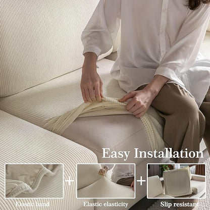 Sectional Couch Covers, Wear Resistant Stretch Sofa Covers Washable Soft Couch Cushion Covers Anti Slip Furniture Protector Sofa Slipcovers for Pets(1 Piece Chaise Cover, Ivory)