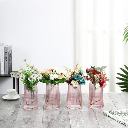Pink Glass Vases Set of 4, Small Vases for Flowers, Flower Vase for Bouquet, Modern Ribbed Glass Vase for Living Room, Bedroom, Dining Table, Office, Wedding, Centerpieces