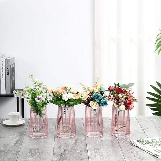 Pink Glass Vases Set of 4, Small Vases for Flowers, Flower Vase for Bouquet, Modern Ribbed Glass Vase for Living Room, Bedroom, Dining Table, Office, Wedding, Centerpieces