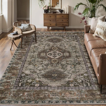Tangsoo Washable Rug 4x6 Area Rug, Oriental Rug Indoor for Living Room, Non Slip Machine Washable Large Rugs, Soft Print Distressed Grey Carpet for Bedroom Dining Room Dorm Office