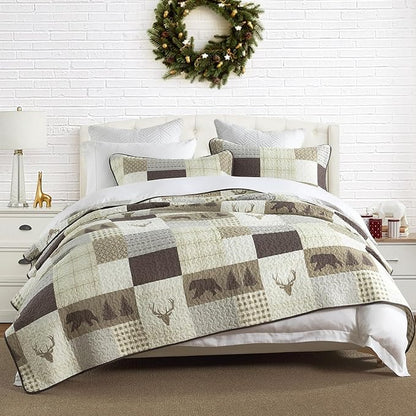 Quilts King Size, King Quilt Bedding Set Bedspread, 100% Cotton Farmhouse Rustic Quilt for King Bed, Reversible Lightweight Comforter Bed Spread with Wildlife Patterns, Cream/Brown/Gray