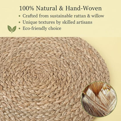 6 Pack 12 Inch Round Rattan Placemats, Wicker Chargers Slip Heat Resistant Rattan Placemat Washable Braided Table Mats Rustic Braided Wicker Chargers for Kitchens and Dining Rooms