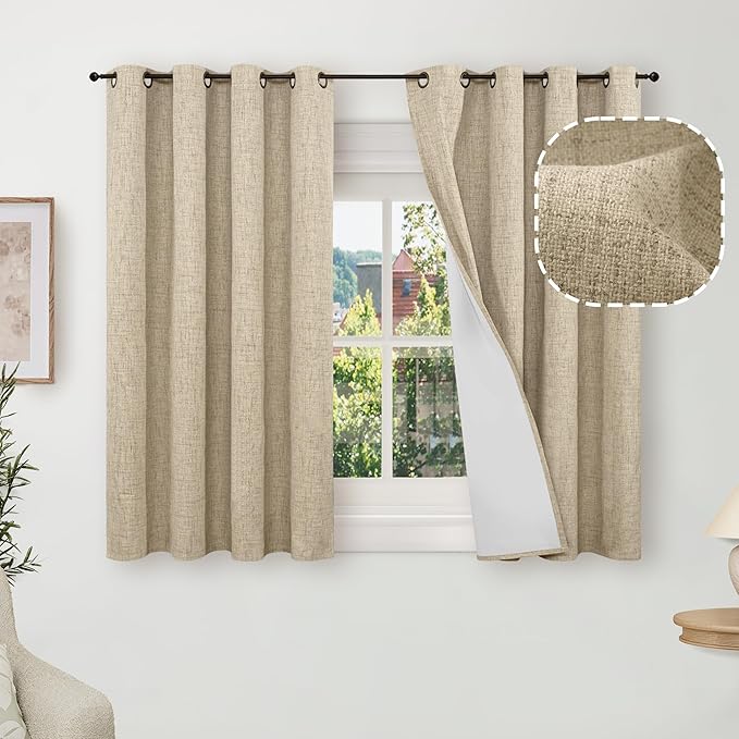 Lajode Short Blackout Curtains 45 Inch Length 2 Panels, Thermal Insulated Total Light Blocking Linen Window Curtains for Farmhouse Bedroom Basement, Bronze Grommet, Burlap, Each 52" Wide