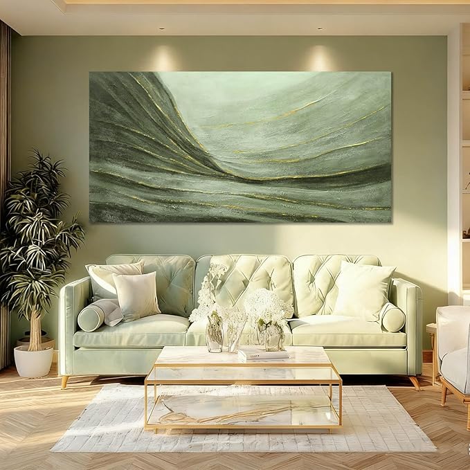 MLART99 Oversized Green and Gold Abstract Wall Art 29x58 Inch Modern Canvas Painting Minimalist Large Artwork for Living Room Bedroom Office Above Sofa Home Decoration