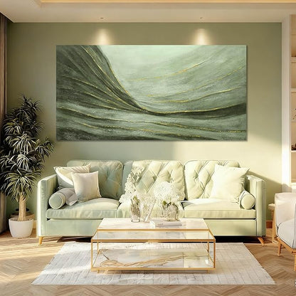 MLART99 Oversized Green and Gold Abstract Wall Art 29x58 Inch Modern Canvas Painting Minimalist Large Artwork for Living Room Bedroom Office Above Sofa Home Decoration