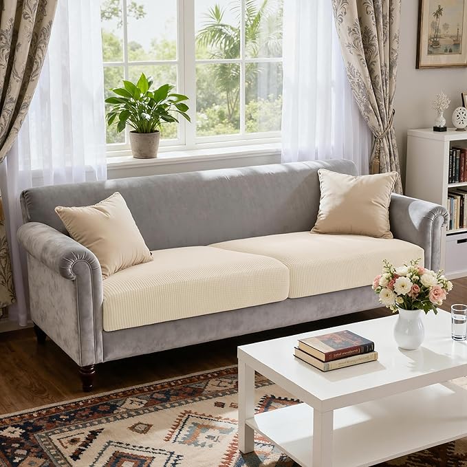 CHUN YI 2 Piece Couch Cushion Covers for Sofa Seat Slipcovers Suitable with Spandex Jacquard Washable Fabric (2 Piece Sofa Cushion Covers, Ivory)