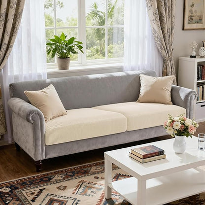 CHUN YI 2 Piece Couch Cushion Covers for Sofa Seat Slipcovers Suitable with Spandex Jacquard Washable Fabric (2 Piece Sofa Cushion Covers, Ivory)