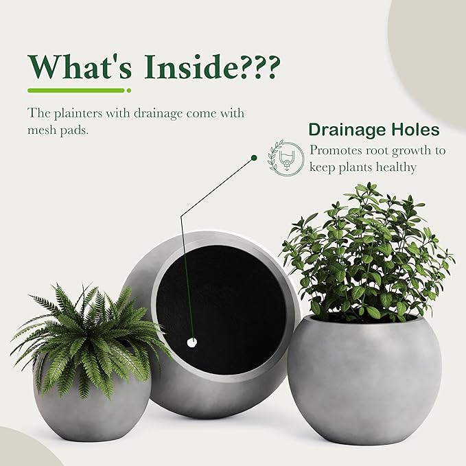 DTY Signature Mount Sherman Modern Indoor Outdoor Fiberstone Sphere Planter, Durable Round Garden Pot, Weather Resistant, Drainage Hole & Rubber Plug - Small, Gray