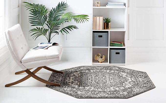 Rugs.com Arlington Collection Rug – 8 Ft Octagon Dark Grey Medium-Pile Rug Perfect for Living Rooms, Kitchens, Entryways