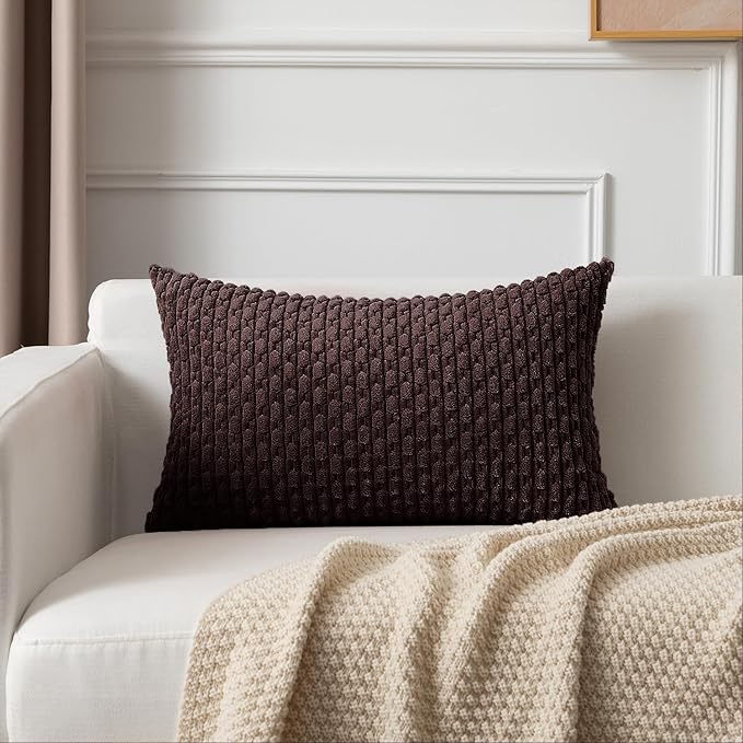 Kevin Textile 12x20 Inch Pillow Cover 1 Pack Boho Decorative Soft Striped Corduroy Lumbar Farmhouse Accent Rectangle Cushion Case for Living Room Couch Sofa Bed, Coffee
