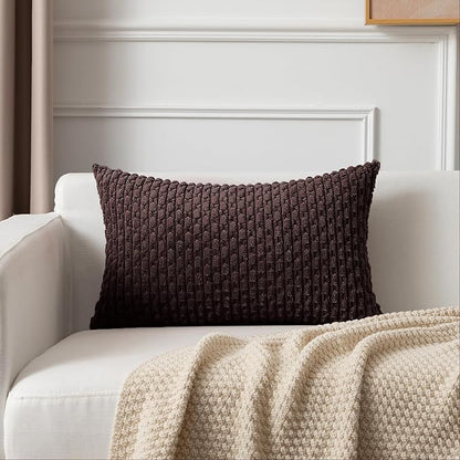 Kevin Textile 14x24 Inch Pillow Cover 1 Pack Boho Decorative Soft Striped Corduroy Lumbar Farmhouse Accent Rectangle Cushion Case for Living Room Couch Sofa Bed, Coffee
