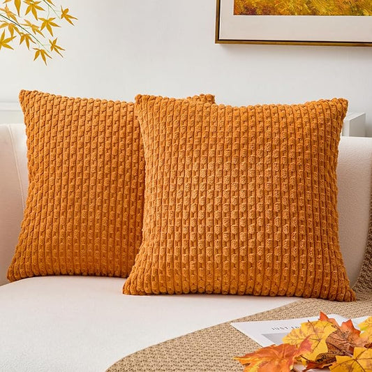 Kevin Textile Fall Throw Pillow Covers Soft Corduroy Decorative Set of 2 Boho Striped Pillow Covers Pillowcases Farmhouse Home Decor for Couch Bed Sofa Living Room 20x20 Inch Orange Yellow