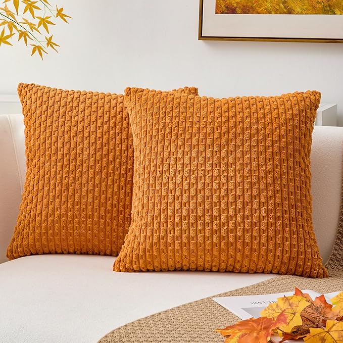 Kevin Textile Fall Throw Pillow Covers Soft Corduroy Decorative Set of 2 Boho Striped Pillow Covers Pillowcases Farmhouse Home Decor for Couch Bed Sofa Living Room 16x16 Inch Orange Yellow