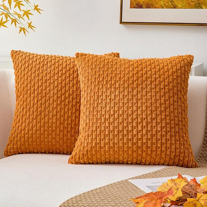 Kevin Textile Fall Throw Pillow Covers Soft Corduroy Decorative Set of 2 Boho Striped Pillow Covers Pillowcases Farmhouse Home Decor for Couch Bed Sofa Living Room 16x16 Inch Orange Yellow