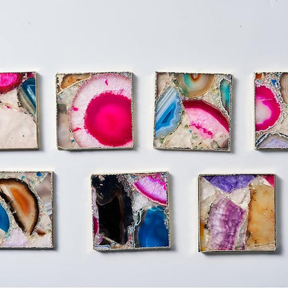 Agate Square Coasters Set of 4, Rainbow Crystal Coasters with Gold Edge for Home Decor