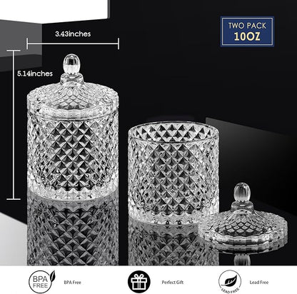 2 Pack Qtip Holder Cotton Round Ball Holder Set, Apothecary Jars Glass Bathroom Storage jars with Lids for Bathroom Decor, Qtip Dispenser for Cotton Swab,Cutip