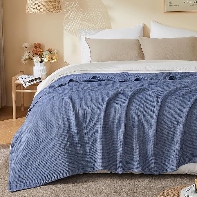 EMME Cotton Muslin Large Throw Blanket Couch Breathable Gauze Soft Lightweight Bed Blankets Adults (Heather Navy, 50"x70")