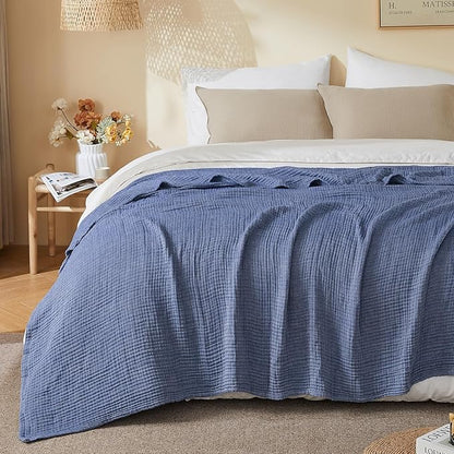 EMME Cotton Muslin King Blanket Bed Layering Bedspread Coverlet Breathable Gauze Soft Lightweight (Heather Navy, 108"x90")
