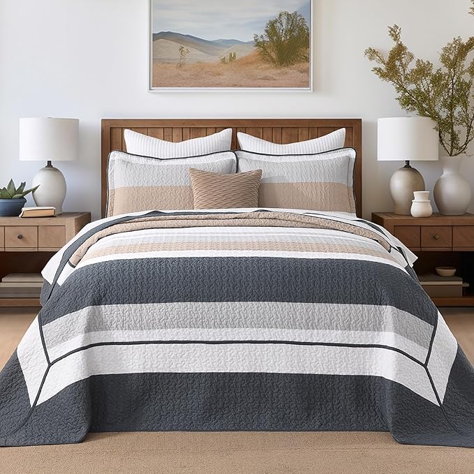 SahSahCasa 120"x102" 100% Cotton Oversized Queen Bedspread Coverlet Striped Quilt Set, Quilted Bedspread Extra Large Quilt, XL Bed Spread Lightweight Comforter, 3pc, Brown/Dark Slate Gray