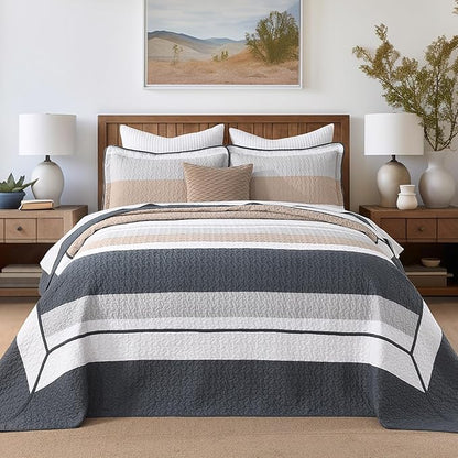 SahSahCasa 128"x120" 100% Cotton Oversized California King Bedspread Coverlet Striped Quilt Set, Cal King Quilted Bedspread Extra Large Quilt, XL Bed Spread Lightweight Comforter, Dark Slate Gray