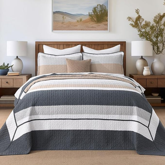 SahSahCasa 128"x120" 100% Cotton Oversized California King Bedspread Coverlet Striped Quilt Set, Cal King Quilted Bedspread Extra Large Quilt, XL Bed Spread Lightweight Comforter, Dark Slate Gray