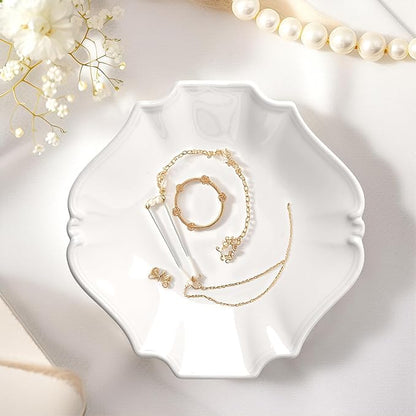 Ceramic Jewelry Dish, Decorative Tray for Rings Earrings Necklaces Bracelet Watch Keys, 4.50" Trinket Tray as Gifts for Women (White Court)