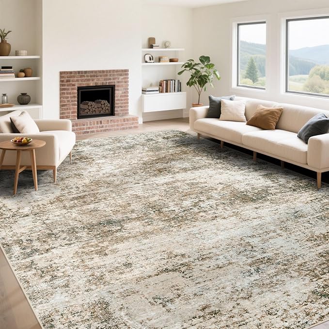 9x12 Area Rug for Living Room, Washable Modern Abstract Large Area Rug Neutral Soft Non Slip Kids Rug Stain Resistant Indoor Carpet for Bedroom Dining Room Playroom Home Office(Brown, 9'x12')