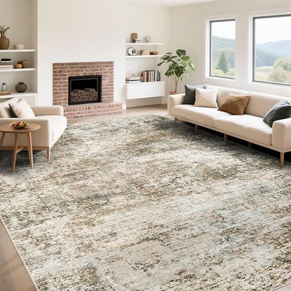 9x12 Area Rug for Living Room, Washable Modern Abstract Large Area Rug Neutral Soft Non Slip Kids Rug Stain Resistant Indoor Carpet for Bedroom Dining Room Playroom Home Office(Brown, 9'x12')