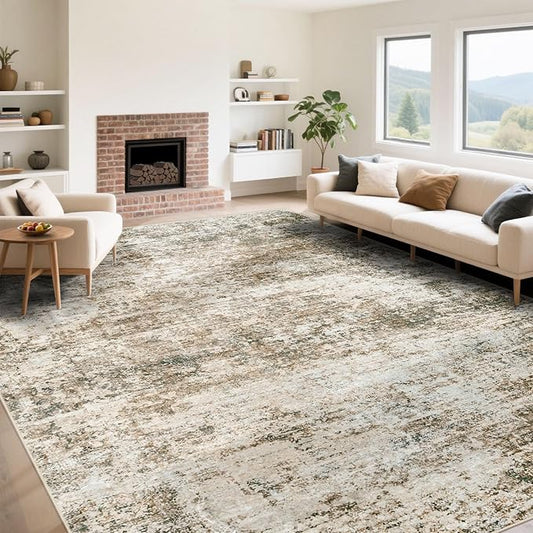 9x12 Area Rug for Living Room, Washable Modern Abstract Large Area Rug Neutral Soft Non Slip Kids Rug Stain Resistant Indoor Carpet for Bedroom Dining Room Playroom Home Office(Brown, 9'x12')