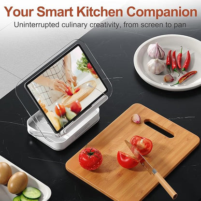 Acrylic Book Stand with Storage, Adjustable Book Holder for Reading with 360° Rotating Bases, Foldable Desktop Riser Stand, Elastic Clips for Cookbook Recipe Magazines Tablets, Laptops (Clear)