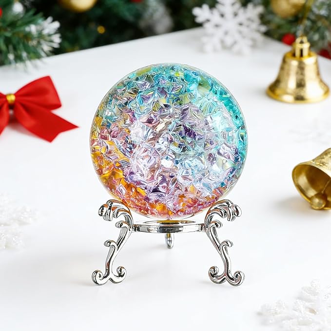 ZEERSHEE 60mm Colorful Ice Cracked Crystal Ball with Stand Decorative Glass Ball Paperweight for Home Wedding Office Christmas Decor