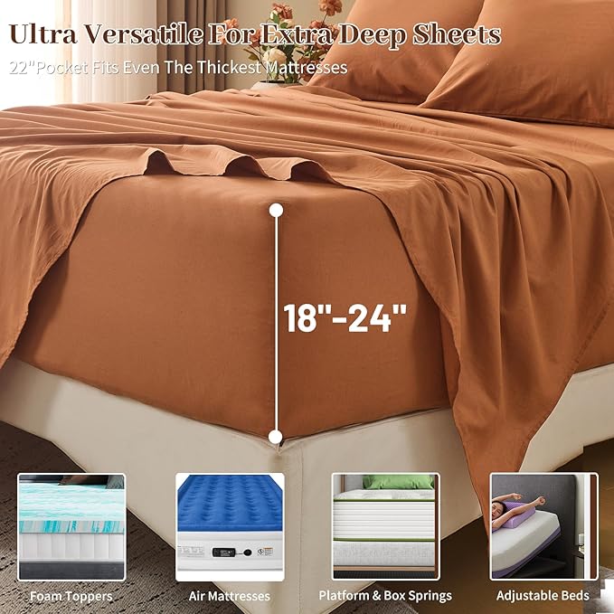 MEISHANG 100% French Pure Linen Sheets California King Size - Extra Deep Pocket Sheet Set, Soft Durable Flax Linen, Anti-Tear Breathable & Oeko-Tex Certified 18-24 Deep Pocket,All Season(Brown)