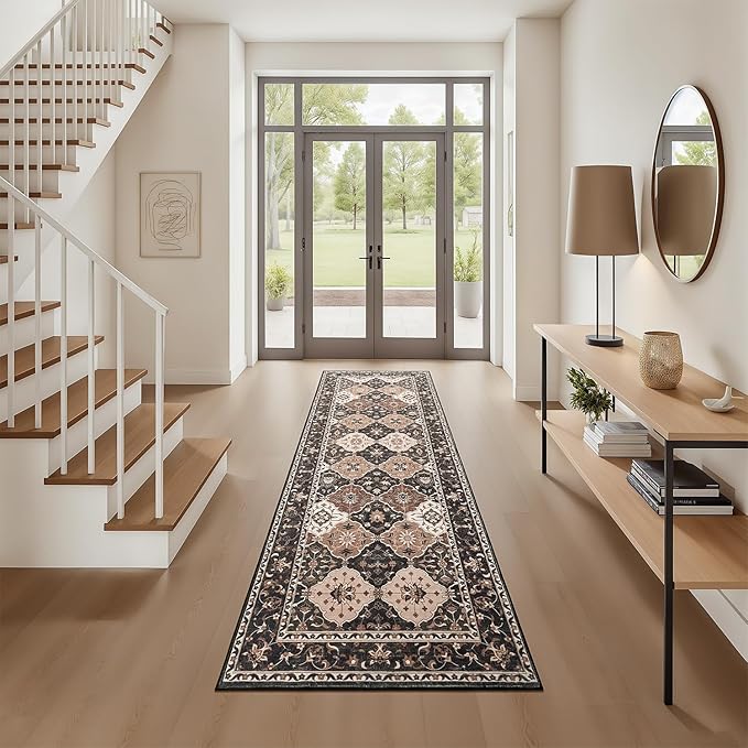 Lessymo Washable Hallway Rugs, 2.6x8 Moroccan Runner Rug with Rubber Backing Non Slip, Vintage Long Rug Carpet for Bedroom Laundry Room Entryway, Taupe and Beige