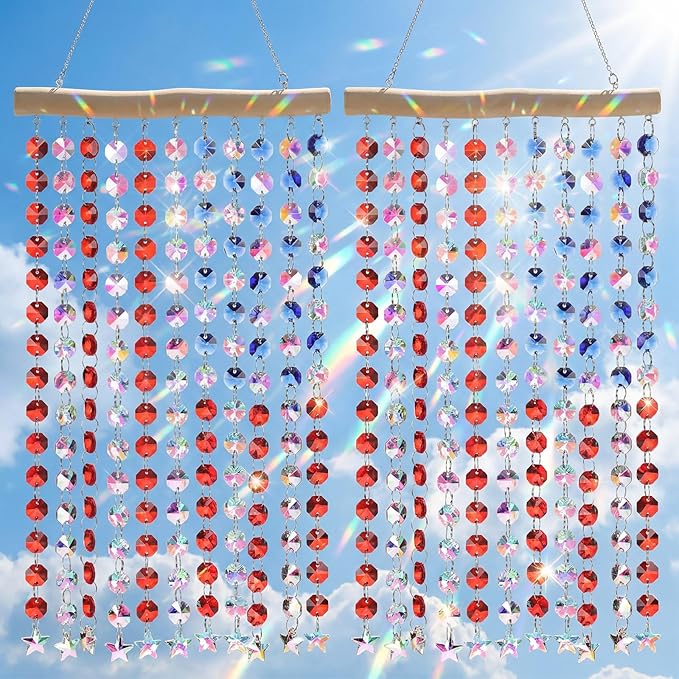 Suncalla 2 Pcs 4th of July Crystal Suncatcher American Flag Wind Chime with Chain Patriotic Window Decor Red Blue and White USA Hanging Making Rainbow Prism for 250th Anniversary Garden Home Gift