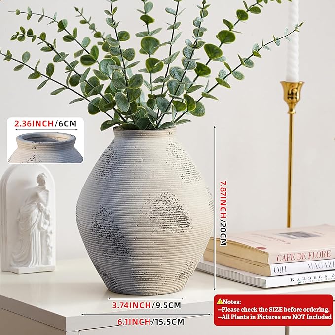 Ceramic Vase Vintage Terracotta Vase Rustic Neutral Pottery Antique Vases 7.87" Farmhouse Vase Home Decor for Pottery Barn Decor Kitchen Counter Dining Table Living Room Bookshelf Entryway