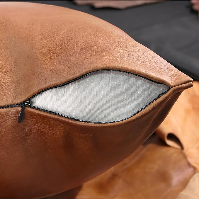 LL LEATHER LOVERS Lambskin Leather Pillow Cover - Sofa Cushion Case - Decorative Throw Covers for Living Room & Bedroom, 18x18 Inches - Tan & Off-White Pack of 1
