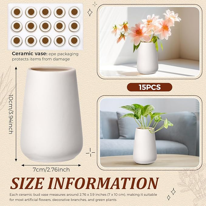 Tioncy 15 Pack White Ceramic Bud Vases Bulk Christmas Decoration 3.9 Inch Boho Small Flower Ceramic Vases for Centerpieces for Dry Flowers Pampas Garss Home Wedding Table Decor(Stylish)
