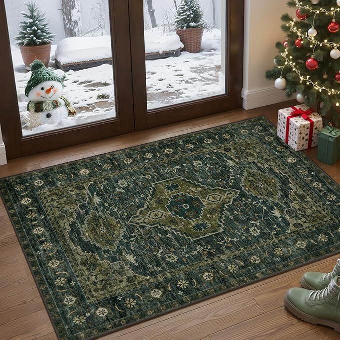 Tangsoo Oriental Small Washable Rugs for Entryway 2x3 Vintage Olive Green Rug Non Slip Small Area Rug, Front Door Boho Print Door Mat Indoor Entrance Soft Low Pile Throw Rug for Entry Kitchen Bedroom