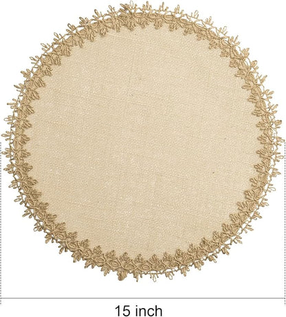 FunWheat Burlap Round Braided Placemats Set of 12 for Dining Tables 15 Inch Heat Resistant Jute Table Mats Farmhouse Woven Fabric Natural Place mats for Fall Decoration(Jute Lace)