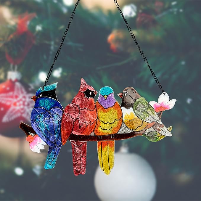 DASTOLL Stained Glass Window Hanging - Large Suncatcher Stained Glass Birds on Branch, Sun Catchers for Indoor Window Doors Room Home Decoration Hummingbird Gifts for Bird Lovers