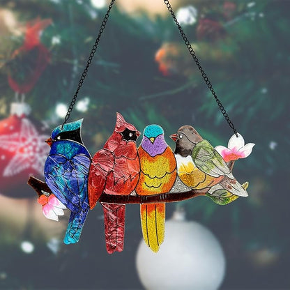 DASTOLL Stained Glass Window Hanging - Large Suncatcher Stained Glass Birds on Branch, Sun Catchers for Indoor Window Doors Room Home Decoration Hummingbird Gifts for Bird Lovers