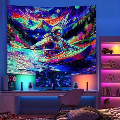 Blacklight Astronaut Tapestry Wall Hanging Space Galaxy Travel Funny Kayaking Tapestries for Bedroom Colorful Aesthetic Cool Wall Art for Guys Gamer Room Dorm Living Room (boating, 48''×36'')