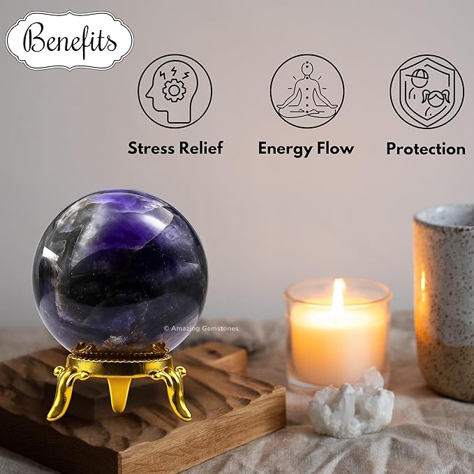Amazing Gemstone Amethyst Chevron Crystal Ball with Stand - 1.5" Inches Crystal Sphere Meditation Balls for Witchcraft and Decorative Balls