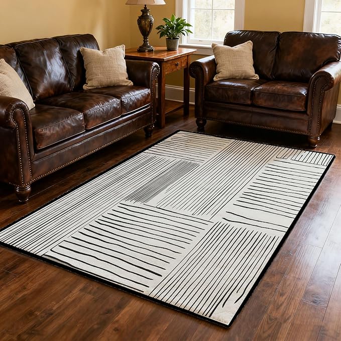 Area Rug 2.6x4 Feet Abstract Lines, Non-Slip Comfort Floor Mat Washable Rug Modern High Traffic Durable for Living Room, Bedroom, Home Office (Black White)